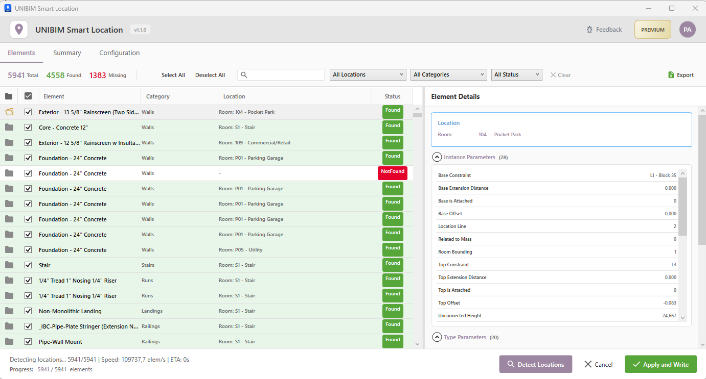 Smart Location Elements tab with detection results