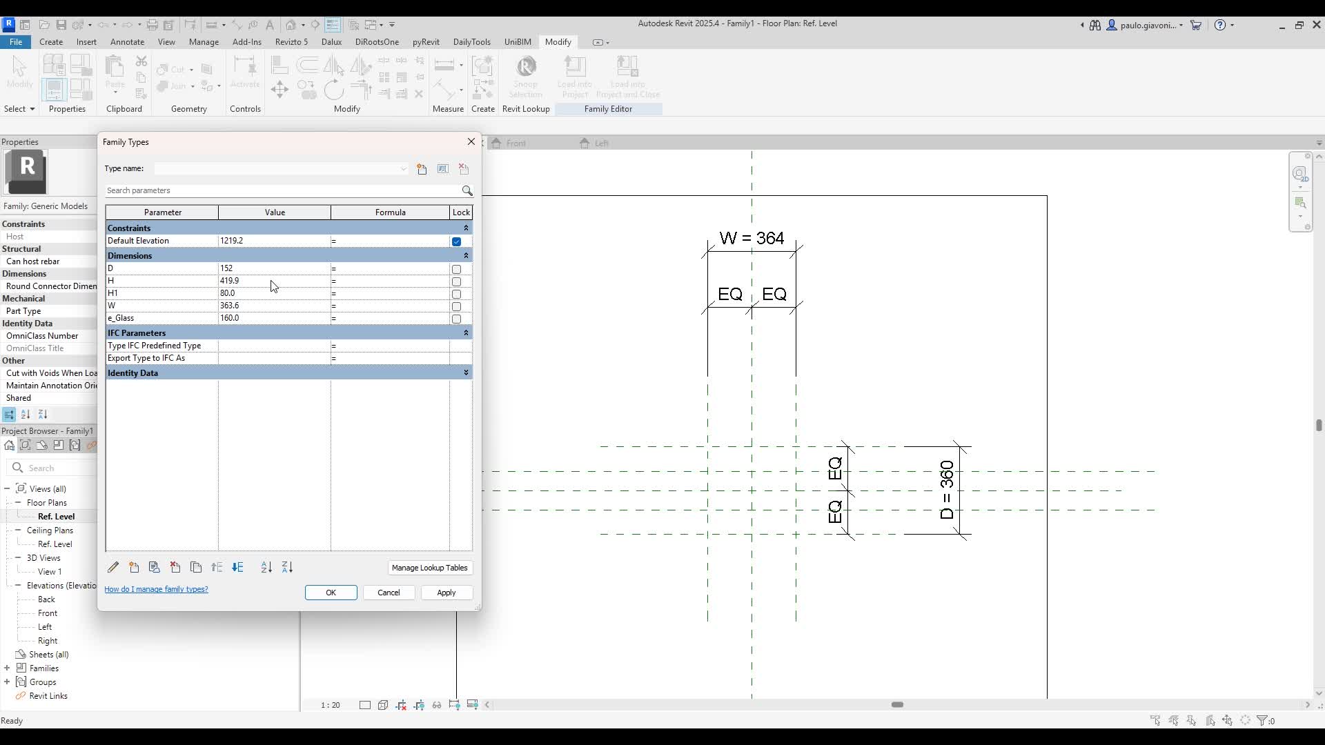 Piani di riferimento, quote e finestra Tipi di famiglia in Revit
