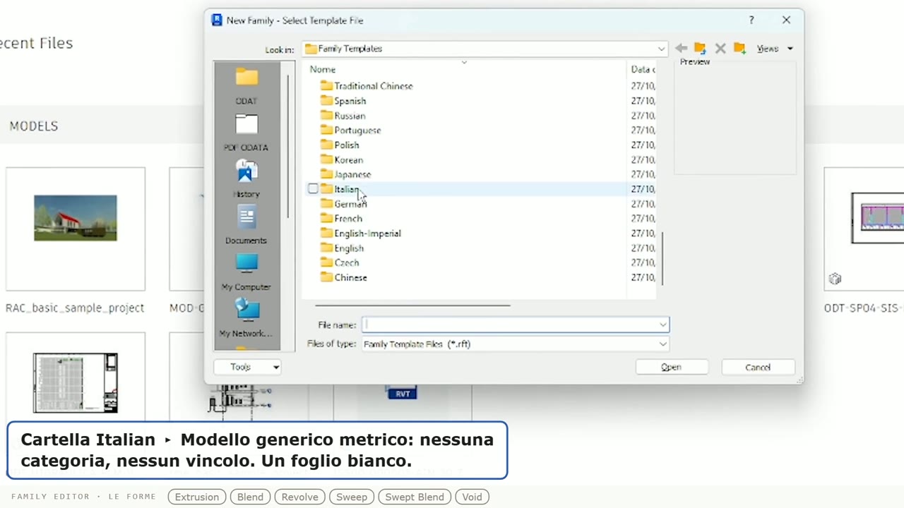 File, New, Family: la cartella Italian e il Modello generico metrico