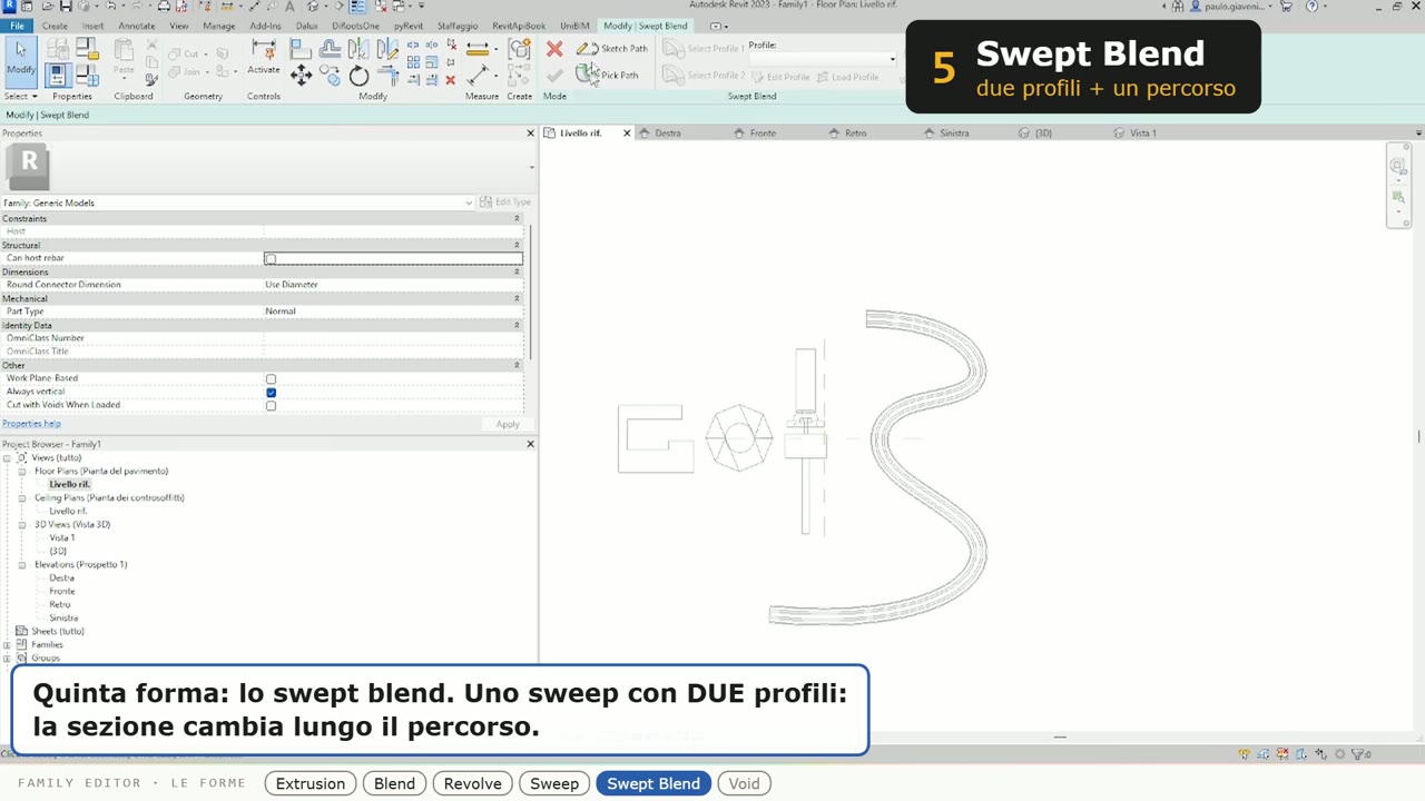 Swept Blend: due cerchi di diametro diverso, la sezione cambia lungo il percorso