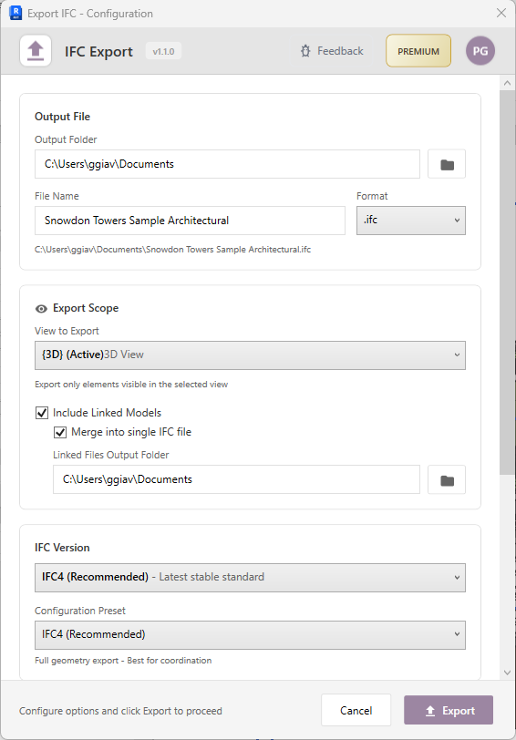 IFC Export interface showing export options for linked models