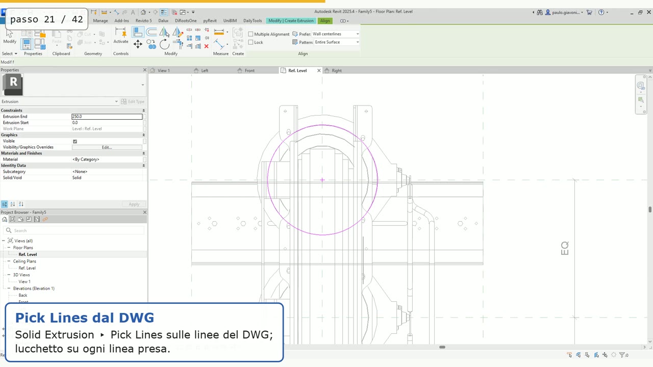 Passo 21: Solid Extrusion con Pick Lines sulle linee del DWG