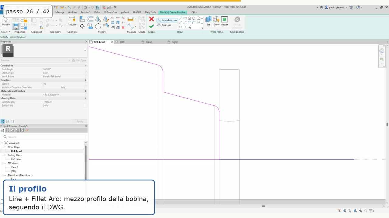 Passo 26: mezzo profilo della bobina con Line e Fillet Arc, seguendo il DWG